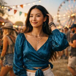 Free People Teal Blue Floral Satin Wrap Blouse